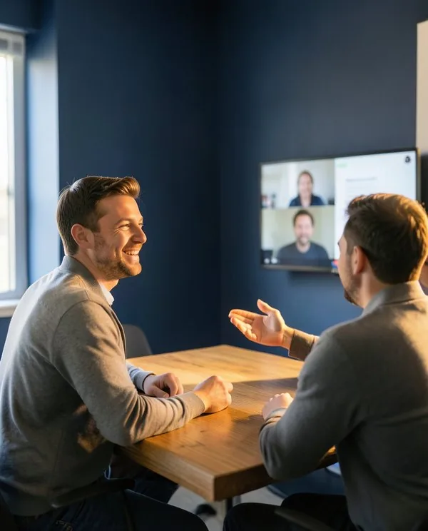 Two colleagues laughing together during a video call in a meeting room