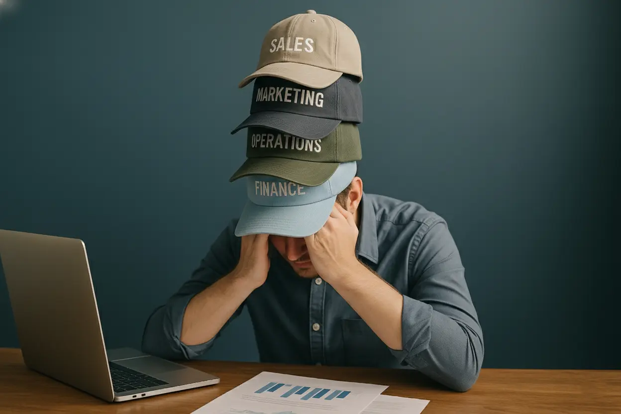 A founder juggling Sales, Marketing, Operations and Finance hats at a cluttered desk