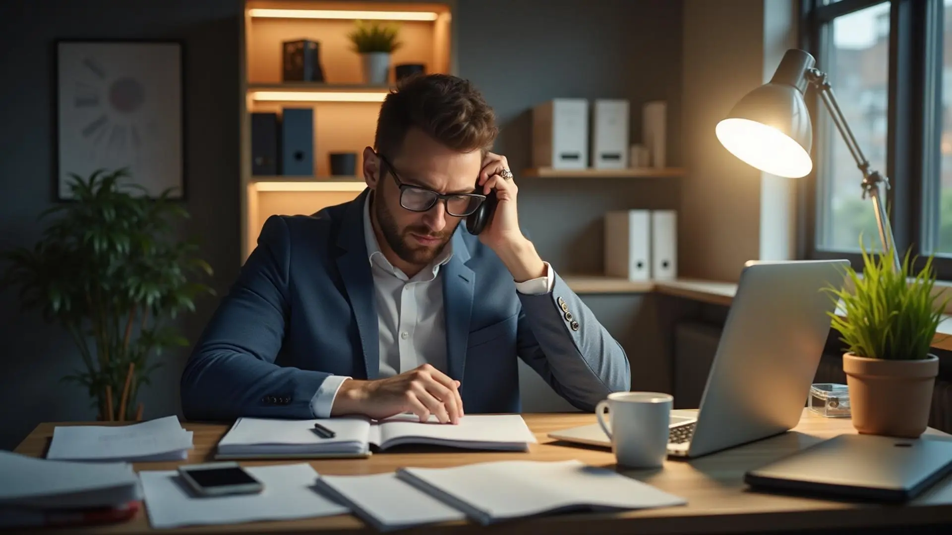 Stressed founder at a cluttered desk with laptop and planner