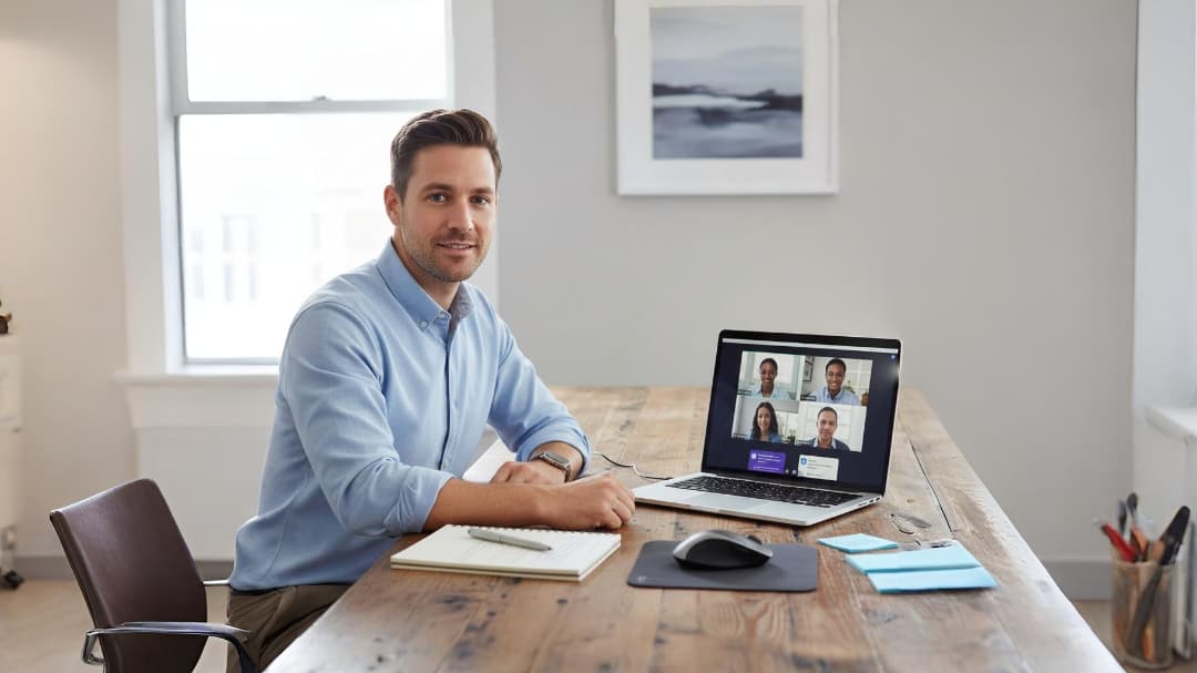 A professional in a productive video meeting from a home office
