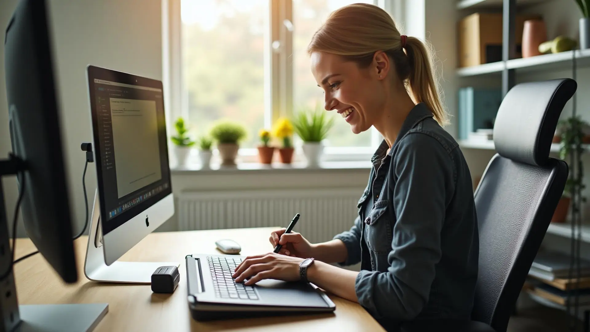 A designer smiling while using a stylus on a graphics tablet