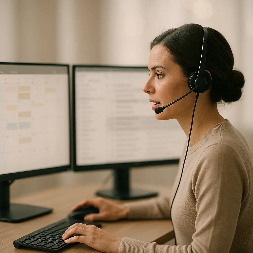 A support executive with a headset looking at dual monitors, ready to assist a client