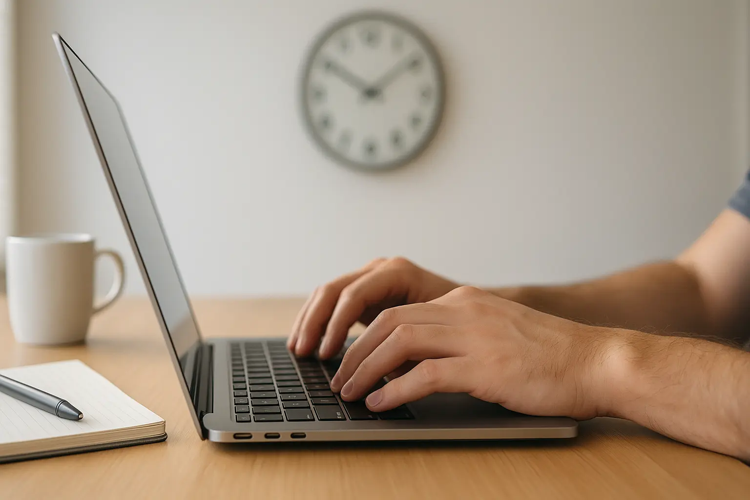 A professional working on a laptop with a coffee mug and notebook nearby