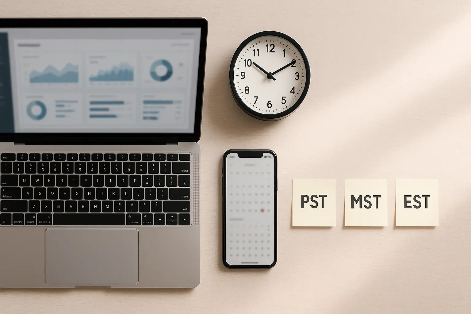 A desk with a laptop showing analytics, a clock and sticky notes with time zones